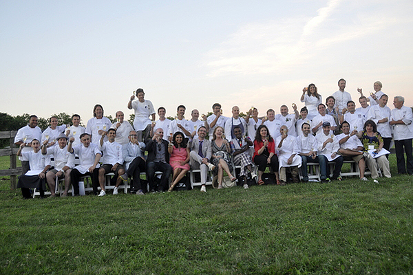 The participants of "Chefs & Champagne" toast. MICHELLE TRAURING