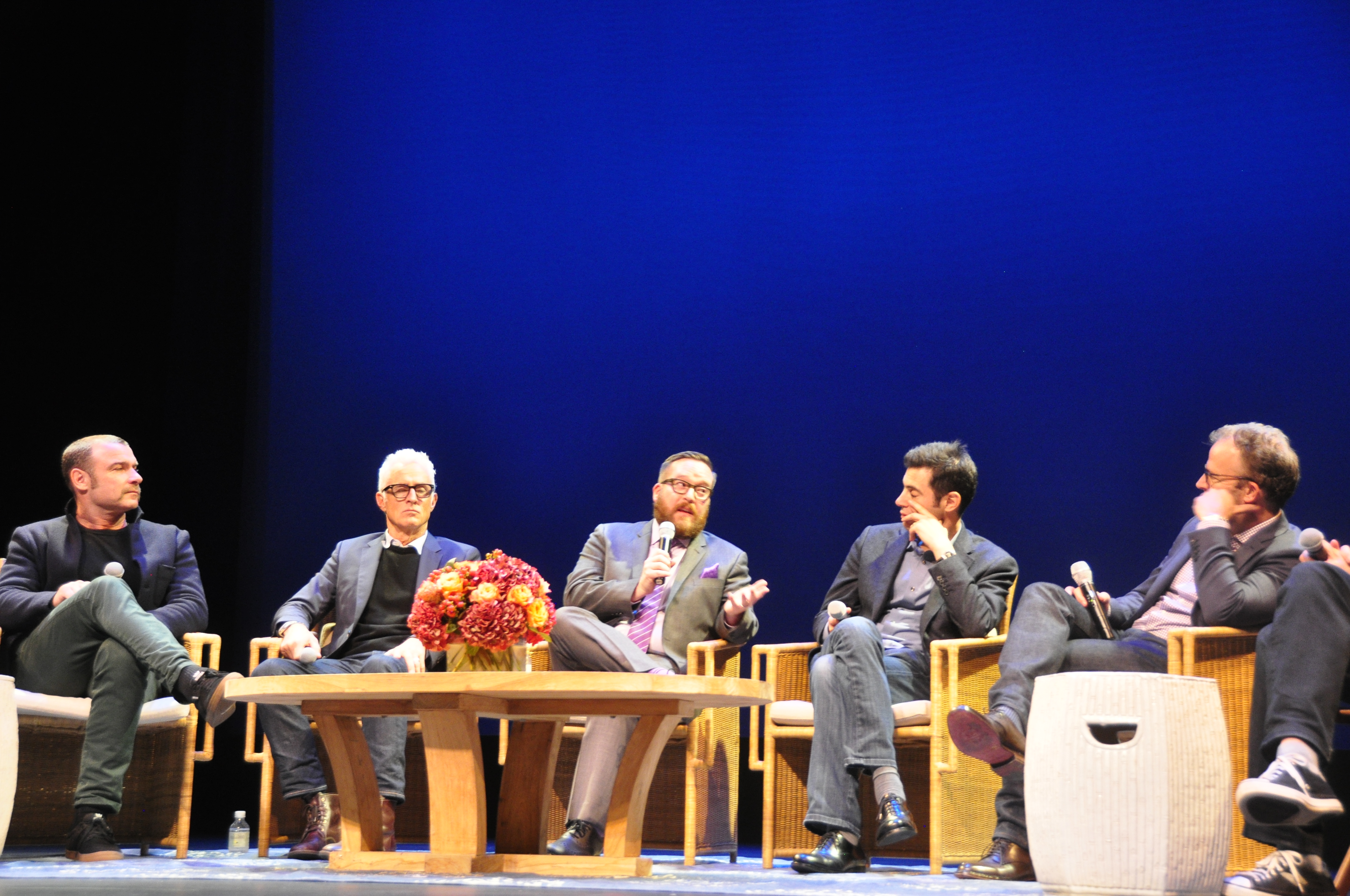 Liev Schreiber, John Slattery, Michael Cyril Creighton,  Josh Singer and Tom McCarthy discuss "Spotlight." MICHELLE TRAURING