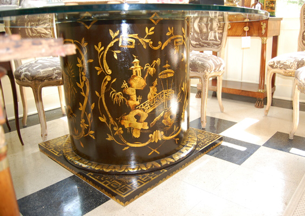 A table painted in Chinoiserie by James Alan Smith in a room of furniture that will be for sale at the Decorators-Designers-Dealers show, to be held on Saturday, June 5.  JESSICA DINAPOLI