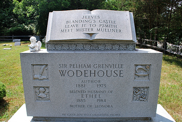 The headstone at the Remsenburg Community Church marking the graves of P.G. Wodehouse and his wife, Ethel. It reads: "He gave joy to countless people."   WILL JAMES