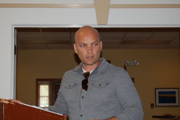 David Lys speaks at the hamlet study presentation in Amagansett on Saturday. JON WINKLER