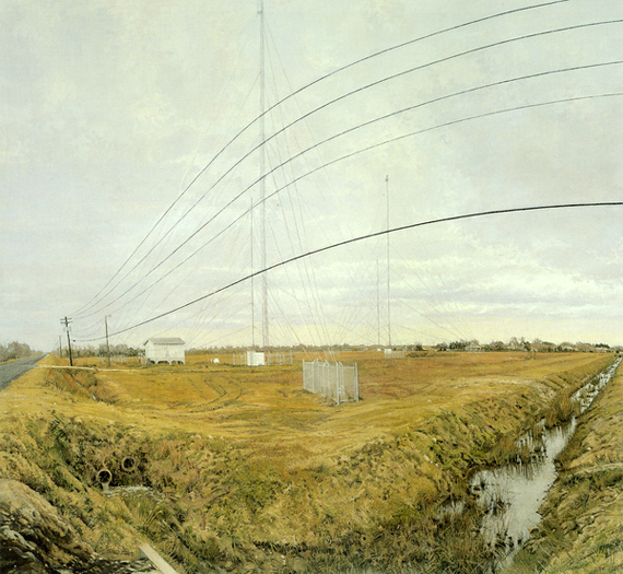 "At the Confluence of Two Ditches Bordering a Field with Four Radio Towers, 1995" by Rackstraw Downes.