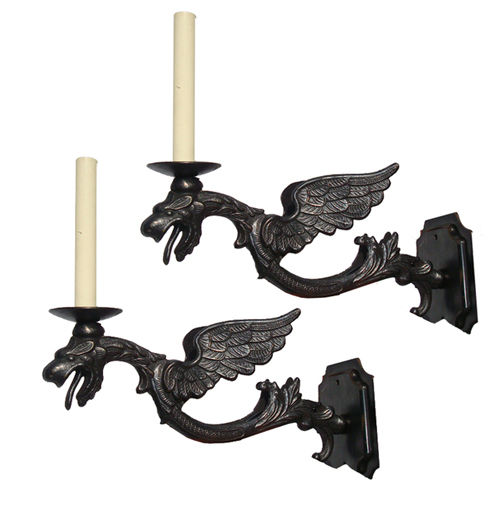 Pair, finely articulated cast iron dragon sconces.  American, c. 1930Dealer:  The American Wing, Bridgehampton, NY