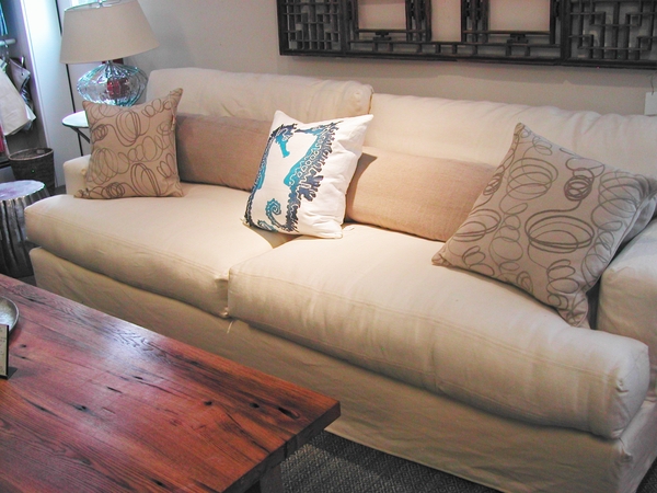 Navy blue and cream patterns pop on a roomy sectional sofa available at Fisher's in Sag Harbor. BRANDI BUCHMAN
