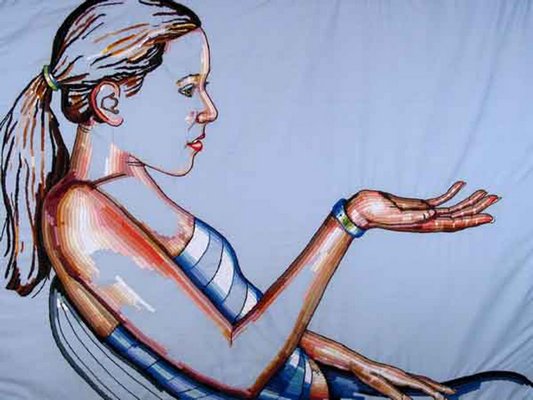 Christa Maiwald's “Future Tense” hand-embroidered portrait, 43" x 60".