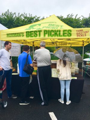 In East Hampton, patrons line up at Horman’s Best Pickles, even in the rain.  HANNAH SELINGER