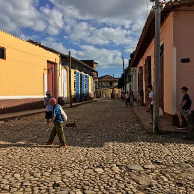 Restored street in colonial Trinidad. Vibrant, pastel colored buildings with red-tiled roofs line the cobblestone streets. Dogs run loose all over Cuba. ANNE SURCHIN