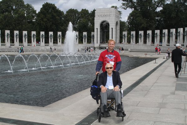 World War II veteran Bernard Wesnofske and his son, Jeff Wesnofske, traveled to the World War II memorial in Washington, D.C. on Saturday as part of the Long Island Honor Flight program.