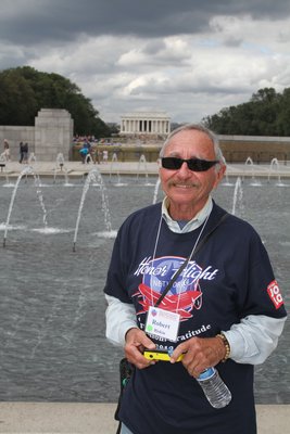 World War II veteran Robert Riskin visited the World War II memorial on Saturday in Washington, D.C. as part of the Honor Flight Long Island program.