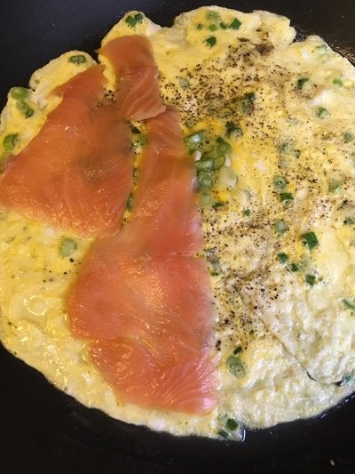 Breakfast smoked salmon egg roll before being rolled and plated. JANEEN A. SARLIN