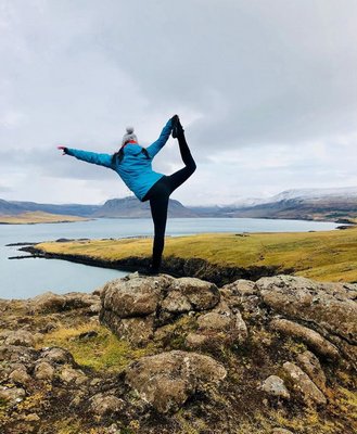 Dana Barrett does dancer's pose, Natarajasana, during her October 2018 trip to Iceland.