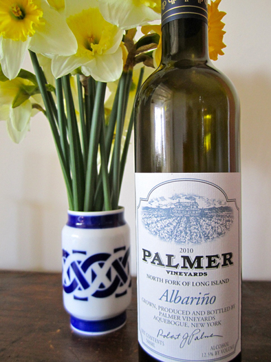 Palmer Albarino next to a vase from the area of northern Spain where this variety is prominent.