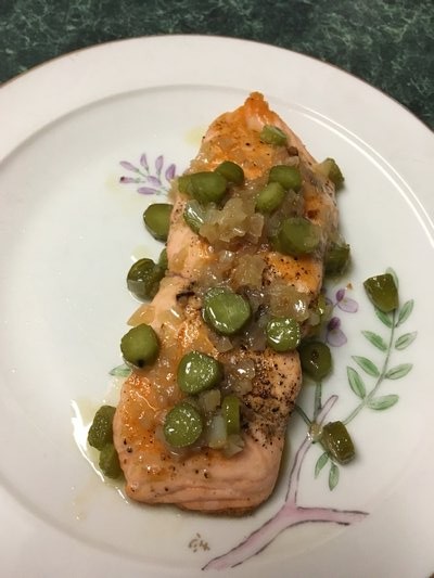 Salmon fillets with cornichons in Champagne sauce. JANEEN SARLIN