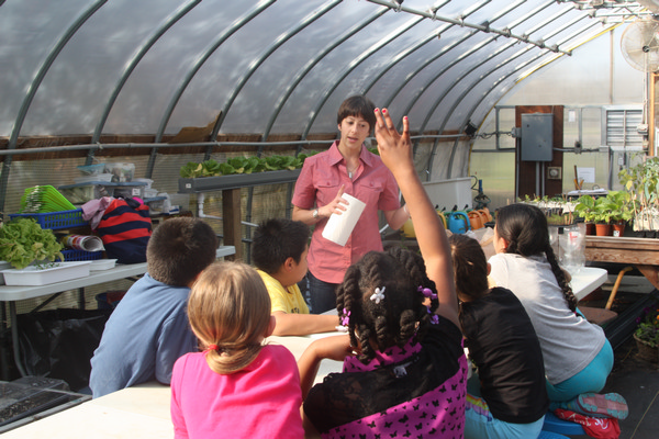 Jacquelin McGarvey, an enrichment teacher at Project Most, with some Springs School students in the greenhouse last week. By Rohma Abbas