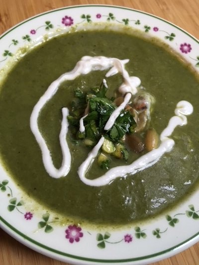 Asparagus soup drizzled with garnish. JANEEN SARLIN