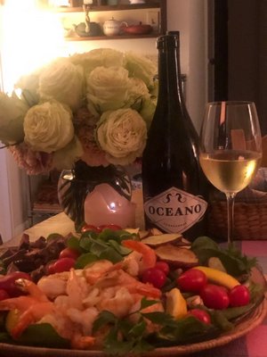 Surf and turf spinach salad with Oceana chardonnay.