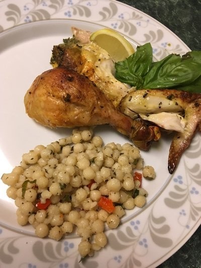 Herb and tumeric with lemon roast chicken and Lebanases couscous. JANEEN SARLIN
