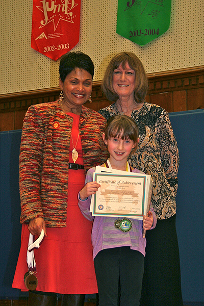 Principal Cookie Richard, 2013 Geography Bee winner Jacqueline Gluck, and Mrs. Cathy Musick.