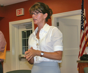 Town Councilwoman Anna Throne-Holst discusses plans for affordable housing in Flanders Monday night at a FRNCA meeting.