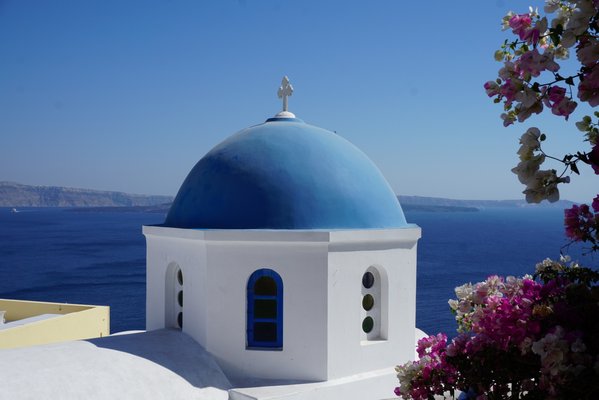 An example of the ubiquitous blue domes of Santorini. MARSHALL WATSON