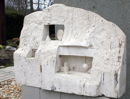 One of the LongHouse Reserve’s new sculptures, “Fachada Blanca,” from 1987 by Gonzalo Fonseca, made from Roman travertine. KYRIL BROMLEY