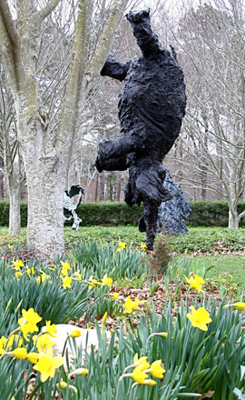 Daffodils bloom in front of “Elefandret,” a bronze sculpture by Miguel Barcelo. KYRIL BROMLEY