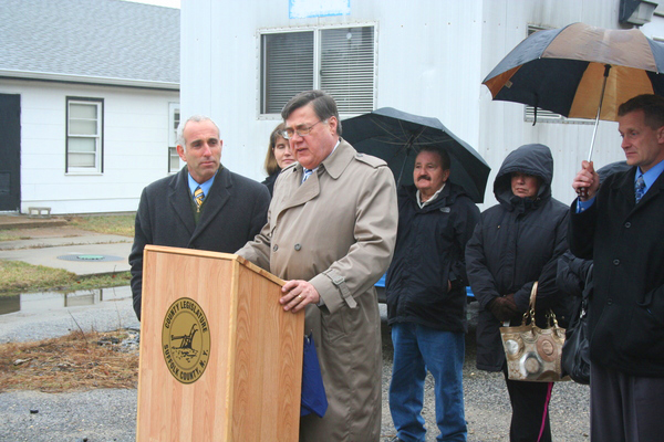 County Legislator Jay H. Schneiderman Takes The Podium At A Press Conference On Sex Offender Trailers Monday At the located at Suffolk County Police Fire Arms Range on Old Country Road In Westhampton.