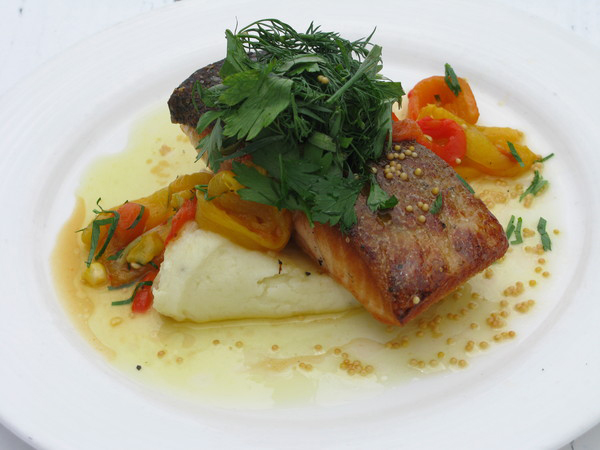 Crispy Skin Atlantic Salmon At Saltwater Grill. HEATHER GIRGENTI