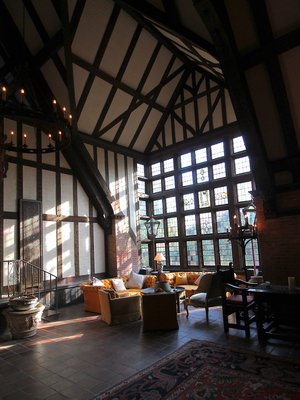 Stained glass windows and Tudor-style walls and ceilings are some highlights of the Woodhouse Playhouse. KYRIL BROMLEY