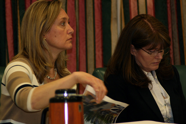 Town Board member Bridget Fleming, left, and Town Supervisor Anna Throne-Holst listen to a presentation at a Southampton Town Board work session last Thursday, March 18.