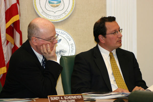 Jefferson Murphree, left, and Town Board member Chris Nuzzi listen to a presentation at a Southampton Town Board work session last Thursday, March 18.