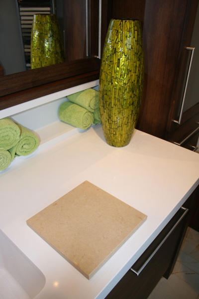 A counter in Caesarstone, a manmade option that allows homeowners to have a smooth, consistent finish.