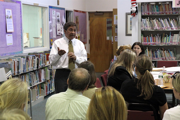 Montauk School Superintendent Jack Perna spoke about the budget at an April 17 School Board meeting. KYRIL BROMLEY