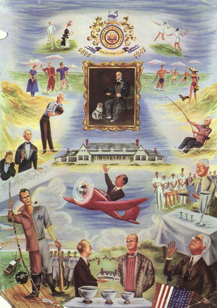 Cartoon illustration commemmorating  the 50th anniversary of the Maidstone Club, in 1941, during Juan Trippe's presidency of the club, which lasted from 1940 to 1946.      COURTESY EAST HAMPTON LIBRARY