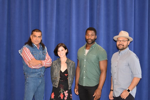 From left, Jonathan Joss, Alexandra Socha, Oge Agulué and Orville Mendoza during rehearsals for Bay Street Theater's upcoming production of 