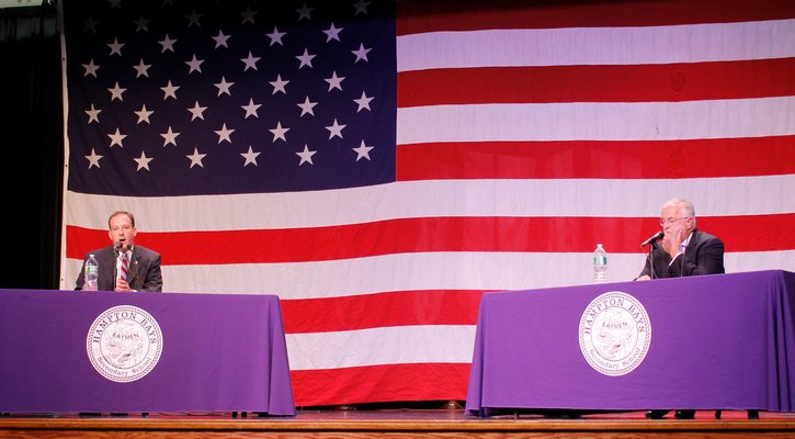 State Senator Lee Zeldin, left, and Congressman Tim Bishop during a debate at Hampton Bays High School. KYLE CAMPBELL