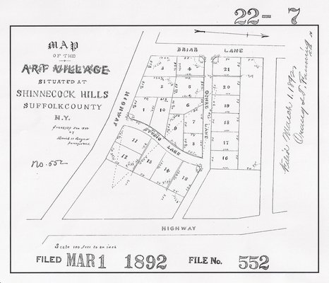 An original subdivision map by David H. Raynor of the Southampton Art Village dating back to 1892. David H. Raynor