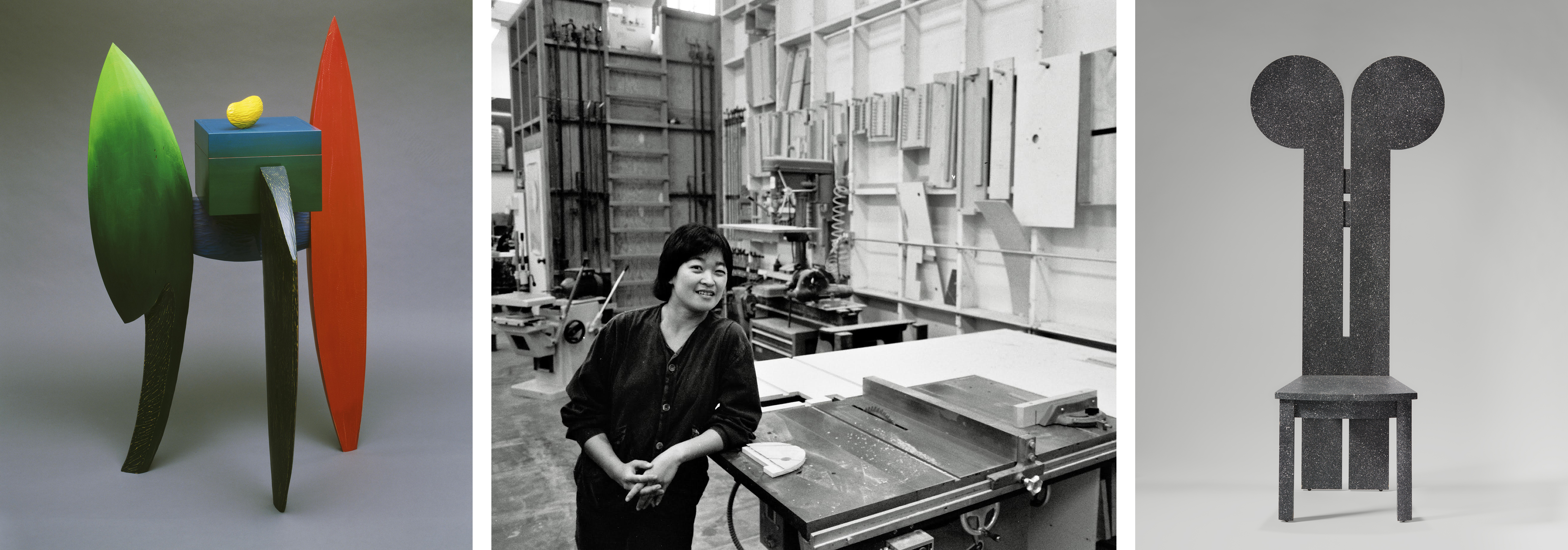 Wendy Maruyama in 1987, when she was head of the Woodworking and Furniture Design Program at California College of Arts and Crafts in Oakland. Homage to Jimmy Carter, 1991, a small cabinet with a peanut-shaped handle stands on leaf-shaped legs in red, variegated green and black. Mixing the iconography of influential historic furniture and California pop, Maruyama’s Mickey Mackintosh Chair, 1988, is made of maple spattered in Zolatone paint. Courtesy of Yale University Art Gallery, Friends of American Arts Acquisition Fund.