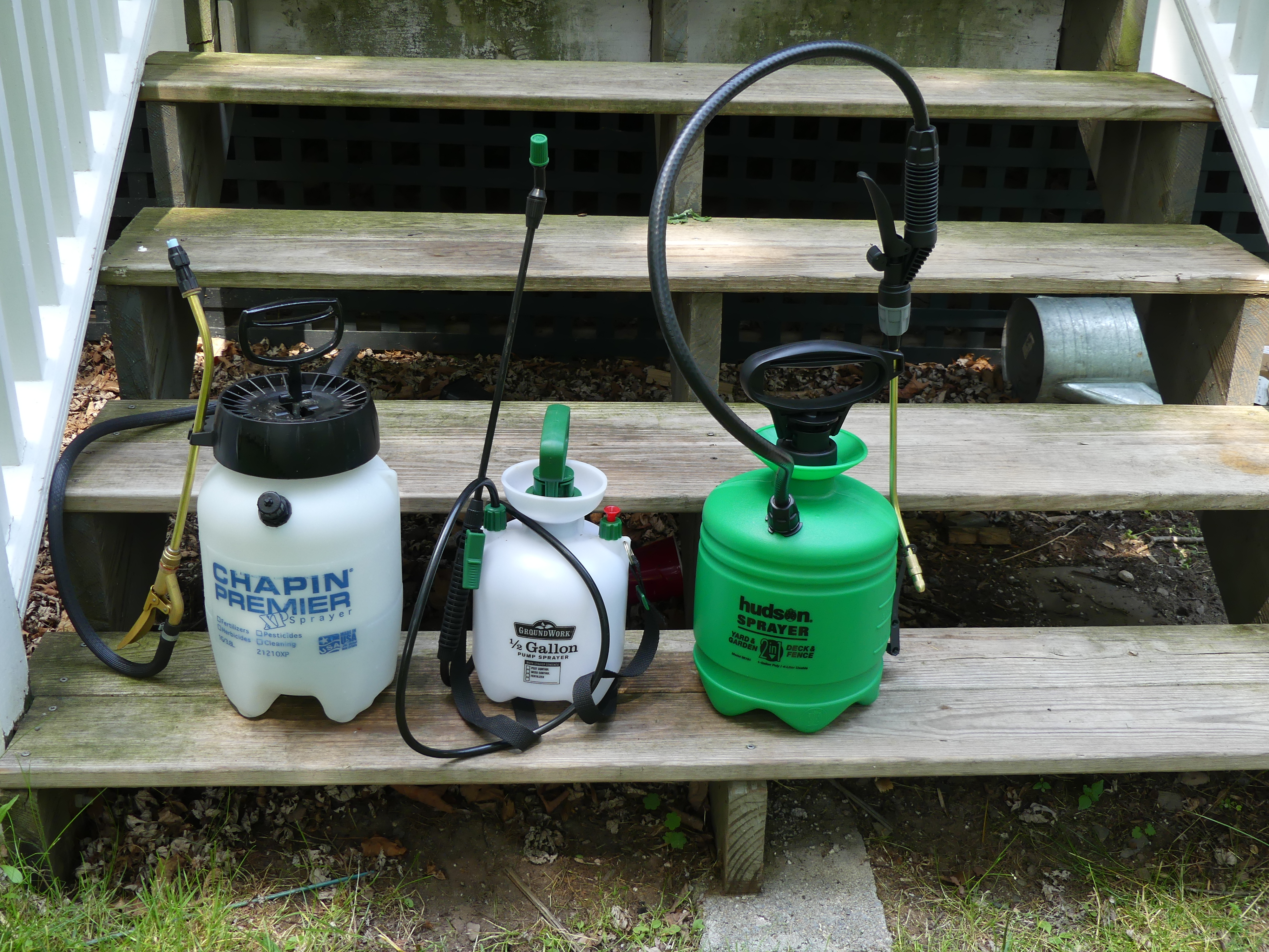 The Chapin Premier, at left, is one of the more expensive 1-gallon sprayers, but it has a relief valve, metal trigger and Chapin makes nozzle heads that can be changed out to control spray patterns. The Groundwork is a half-gallon sprayer and while it too has a relief valve the spray pattern from the nozzle leaves much to be desired. The Hudson gallon sprayer, at right, has no relief valve but clear level markings on the tank and a preferred brass spray nozzle and two extra flat pattern tips. ANDREW MESSINGER
