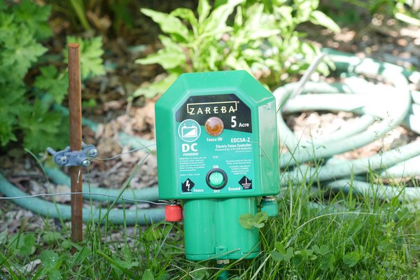 The Zareba electric garden fence is powered by two flashlight batteries, but seems to keep rabbits, woodchucks and other small critters out of the garden. ANDREW MESSINGER