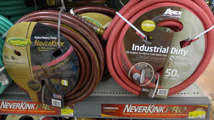 Notice that the "extra heavy duty" hose on the left has a note that it remains flexible down to 45 degrees. That can be important to some gardeners. The hose on the right however is a rubber hose that will weigh more than any other hose of the same length but it can be used for both cold and hot water applications and carries the "Industrial" or commercial rating. ANDREW MESSINGER
