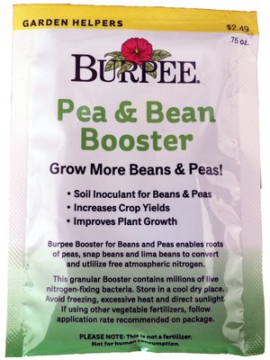 This soil-applied inoculant from Burpee works on peas and beans because it contains four different species of bacteria. Read the directions carefully, as some inoculants are applied to the soil while others are applied to the seeds as a pre-plant soaking. Never use chlorinated water if soaking your seed in the inoculant.