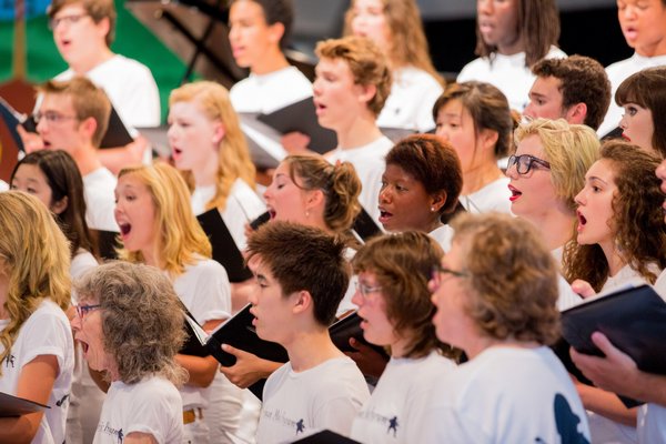 Members of the Chamber Music Workshop perform together in the camp chorus at the 2013 Summer Benefit on Shelter Island, N.Y. DAVID DUPUY