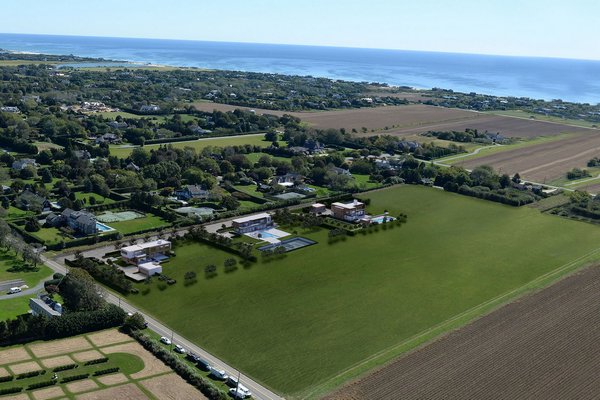 Three house lots in Sagaponack are being listed along with a 10.5-acre agricultural reserve depicted as a green lawn. COURTESY BESPOKE REAL ESTATE