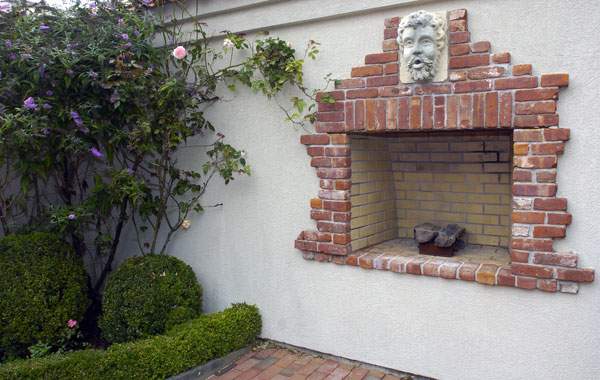 An outdoor fireplace.