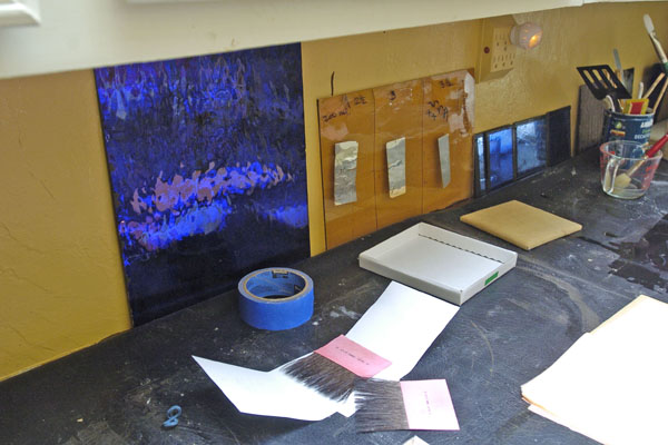 Mary Gotovich’s working station in her kitchen turned temporary studio in East Hampton.