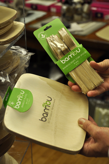 Bambu brand disposable bamboo plates and utensils.