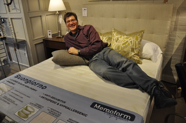 John Scocco lounges on a Buongiorno mattress floor model at In Home in Sag Harbor.