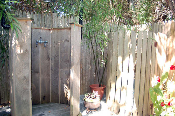 Ron and Laura Race's outdoor shower in Water Mill.  Dawn Watson