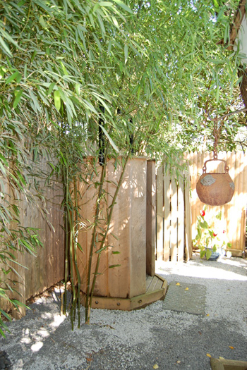 Ron and Laura Race's outdoor shower in Water Mill.  Dawn Watson